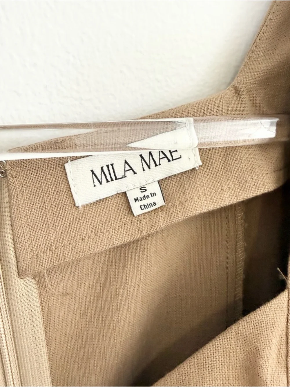 Mila Mae Tan Puff Sleeve Midi Dress Cotton Linen Square Neck Women’s Small - Picture 4 of 7